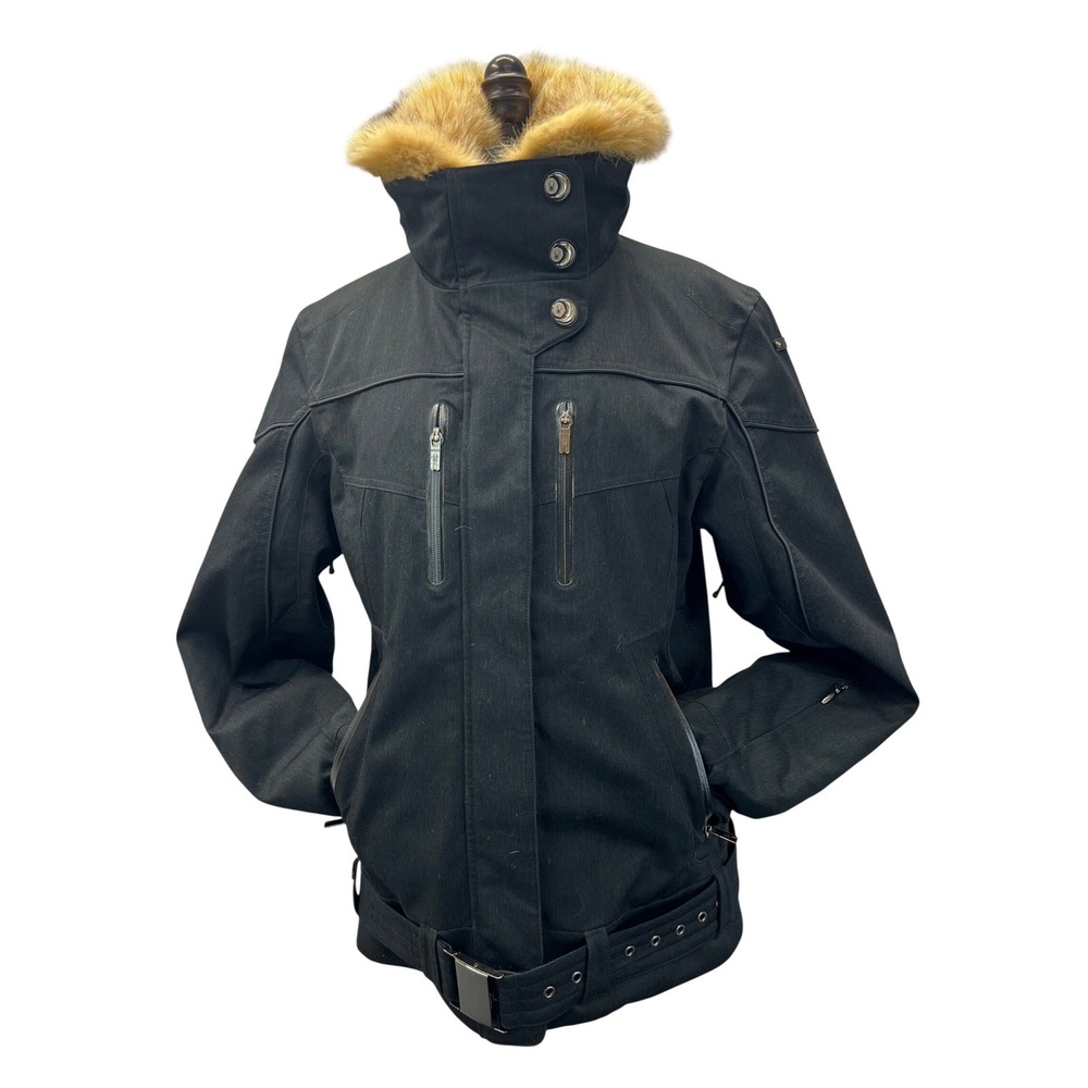 Spyder‎ Ski Jacket Women Size 8 Black Excellent Faux Fur Collar Belted Puffer